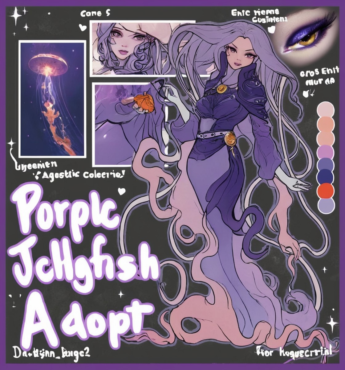 characterdesign, adoptable, adoptablesopen, fantasycharacter, referencesheet, characterconcept, humanoid, adoptables, character, colorpalette, design, dnd, dungeonsanddragons, eyes, fantasy, jellyfish, mage, monstergirl, original, pink, purple, refsheet, silver, tentacles, ttrpg, witch, jellyfishgirl, afoptables, hunnibunni