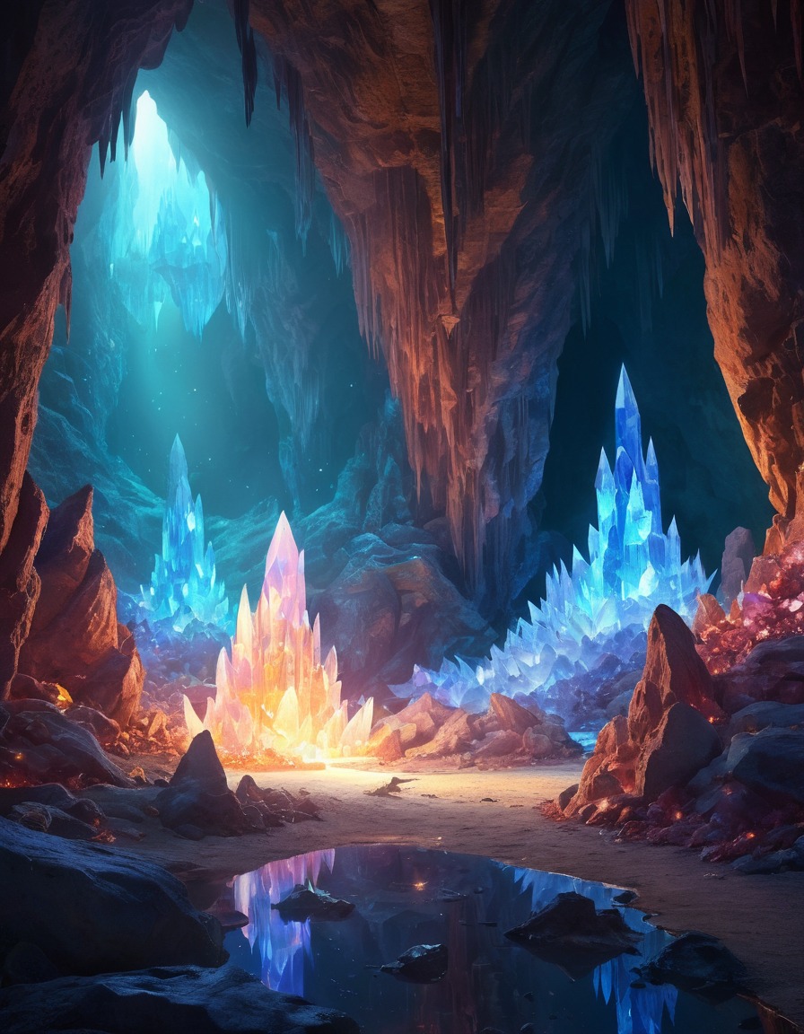 crystal cave, glowing crystals, mysterious energy, fantasy scene