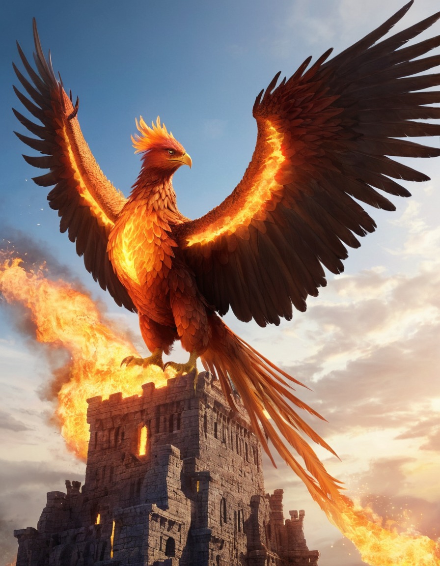 phoenix, firebreathing, fantasy, mythical creature, ruins, tower, magic