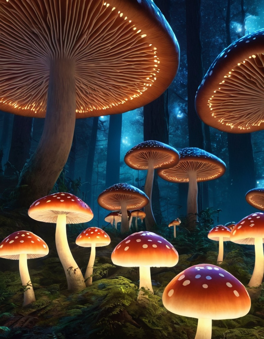 forest, glowing mushrooms, nighttime, stars, fantasy, nature, bioluminescent