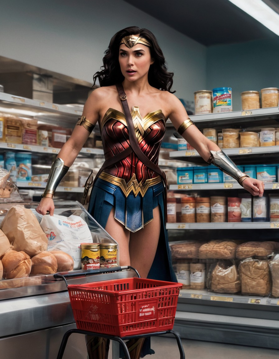 superhero, grocery shopping, baking, wonder woman, cake, superheroine, bikini