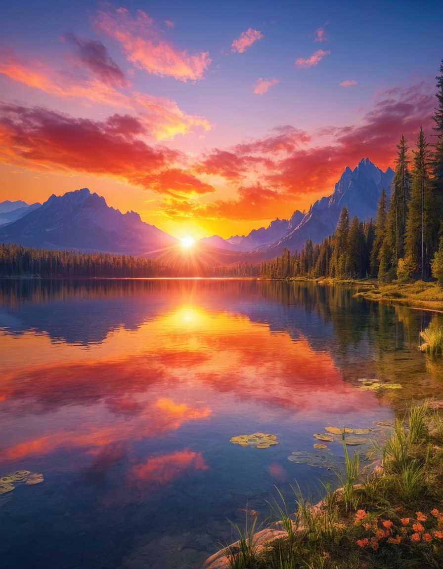 sunset, lake, reflection, nature, serene, vivid colors