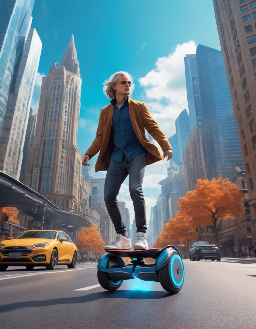 isaac newton, hoverboard, futuristic city, science fiction