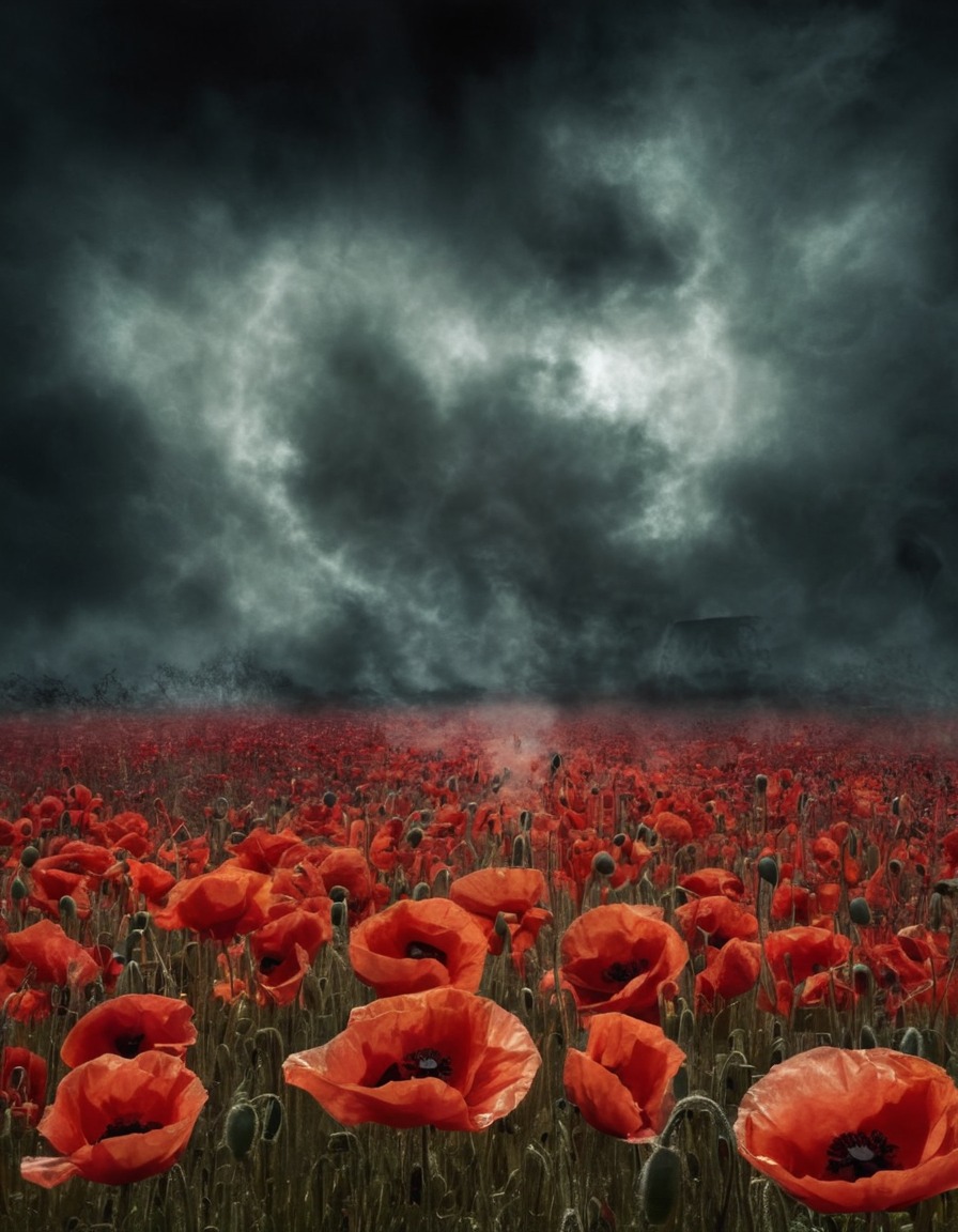 field of poppies, dreamlike, mystical, vapors, nature, fantasy, enchantment