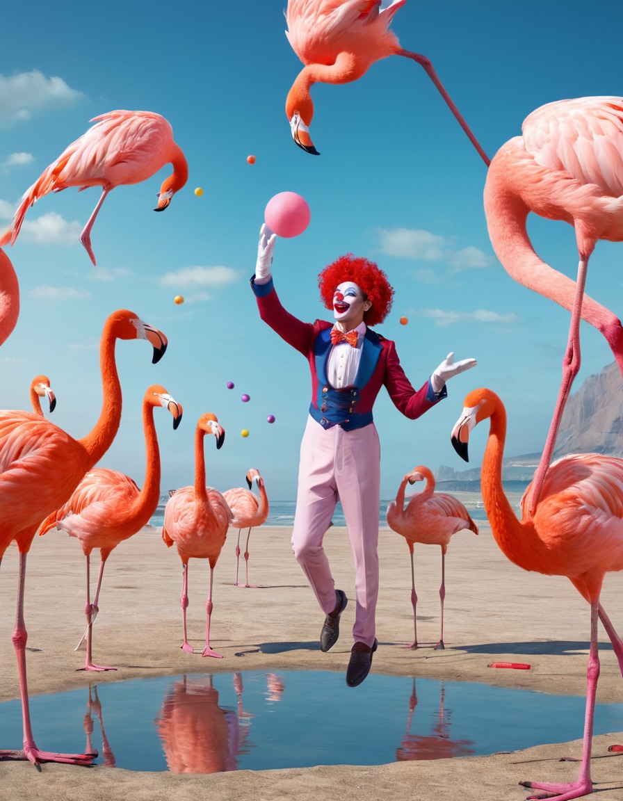 clown, juggling, flamingos, circus, entertainment, unusual, performance