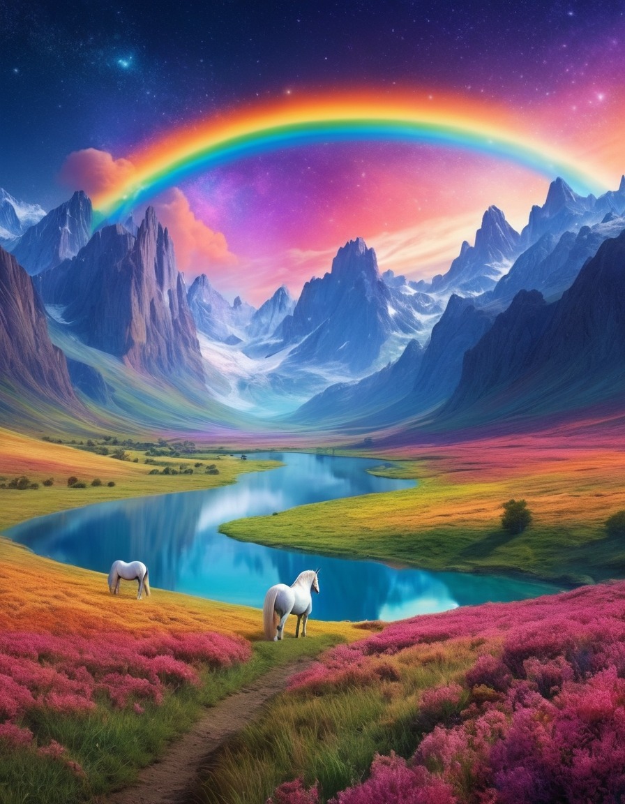 rainbow, valley, unicorns, starry sky, fantastic