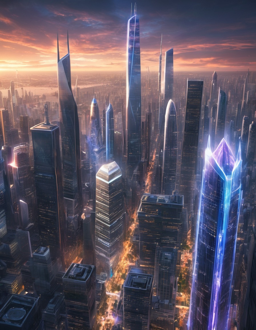 urban, futuristic, skyscrapers, holographic advertising, cityscape, future