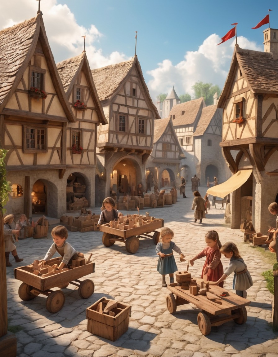 children, wooden toys, village square, medieval europe, 900 ad