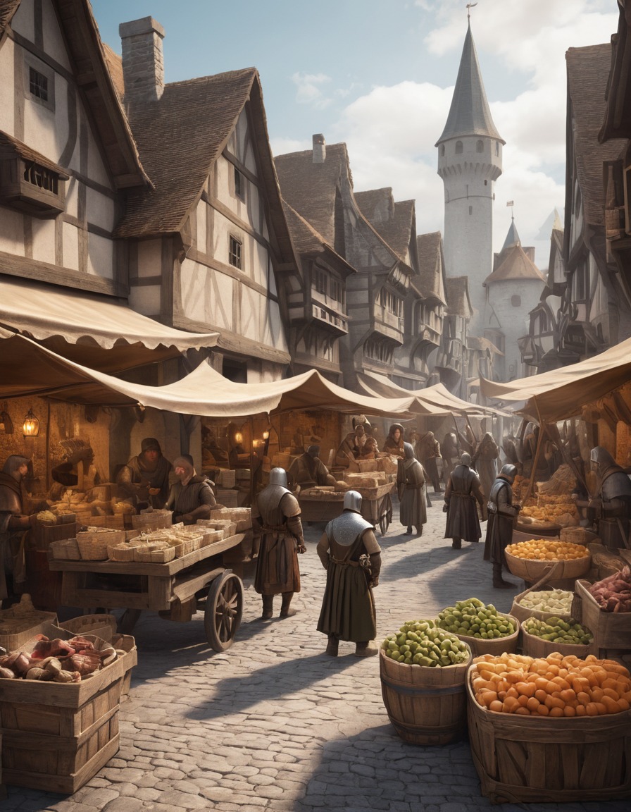 medieval, market, merchants, goods, bustling, middle ages