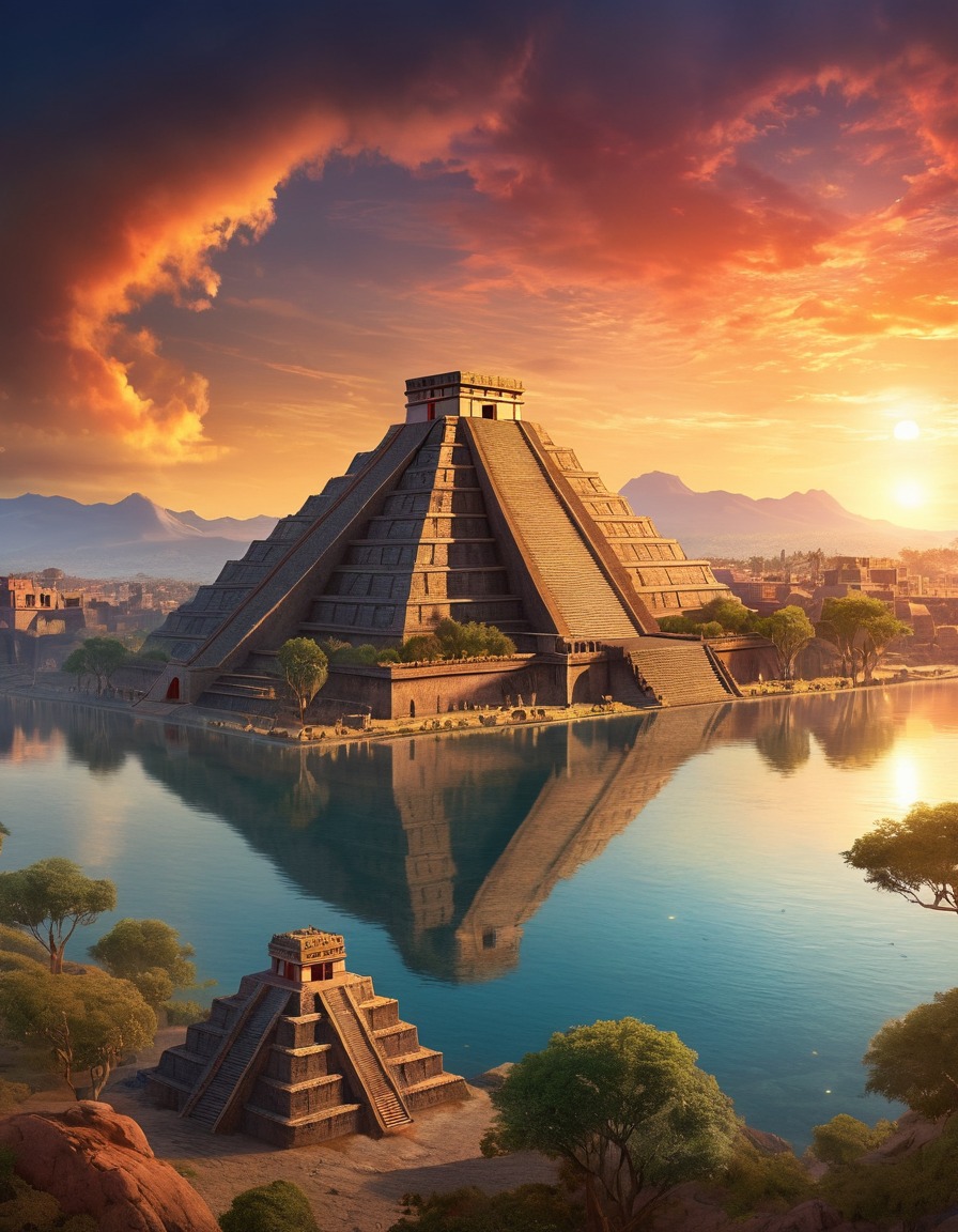 sunset, aztec, ahuizotl, mystical, ancient city, mythical creature