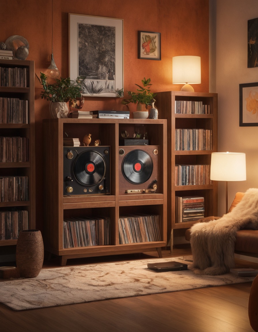 vintage, record player, vinyl records, cozy living room