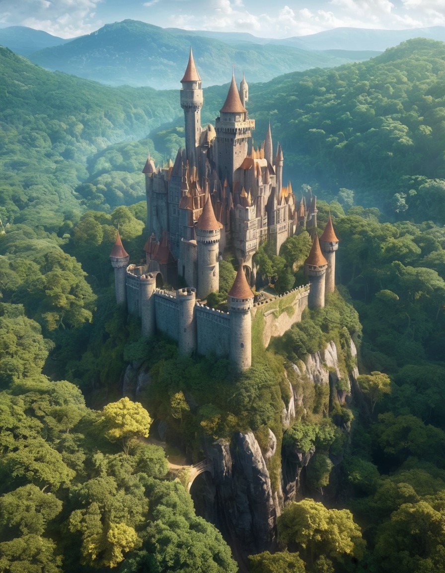 ancient castle, dense forest, enchanted, fantasy scene, historical architecture, enchanted forest, mythical setting