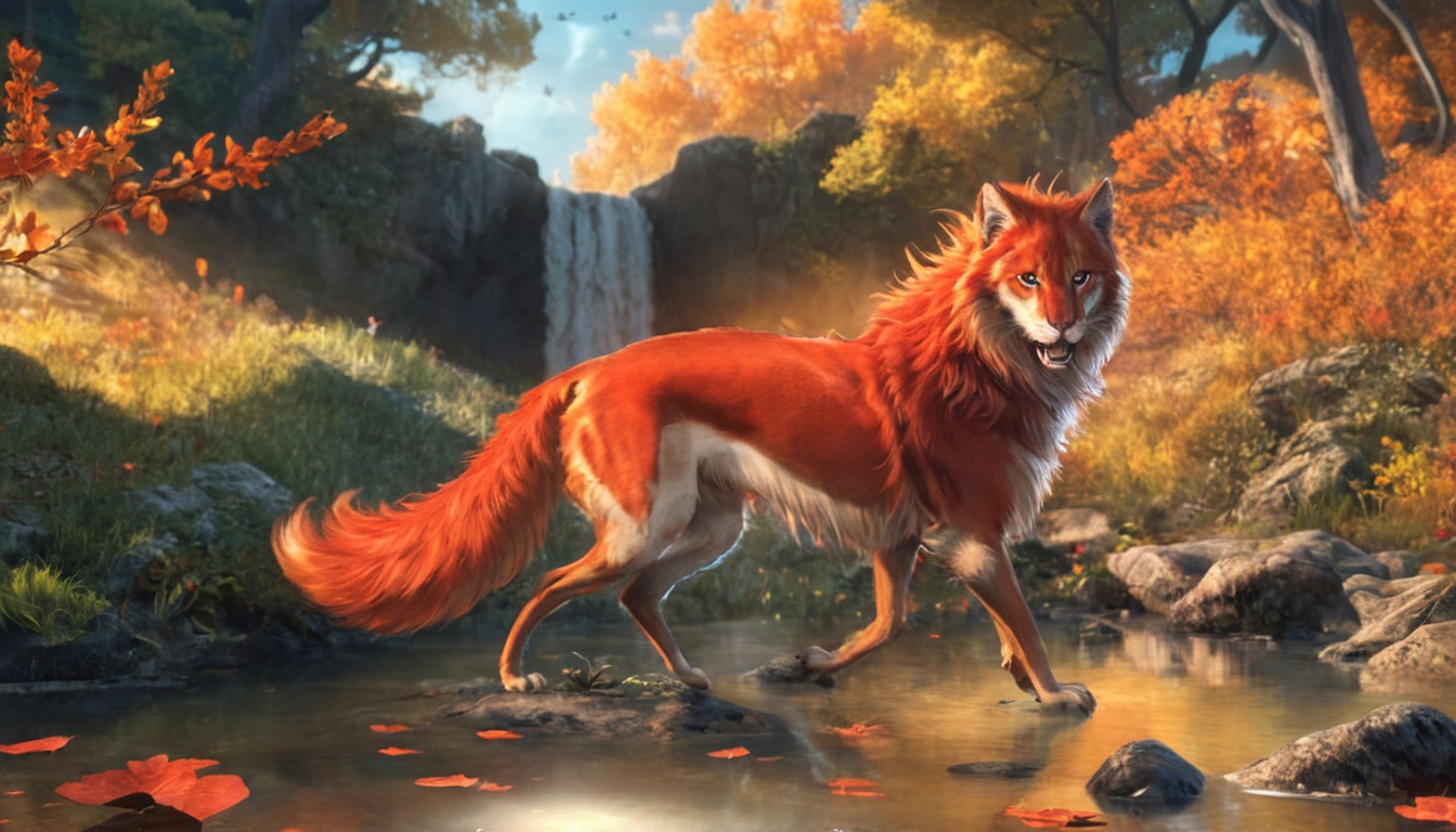 animal, autumn, background, canine, dog, fall, feral, forest, fox, wolf, fullfbody, waterfall, waterfalllandscape