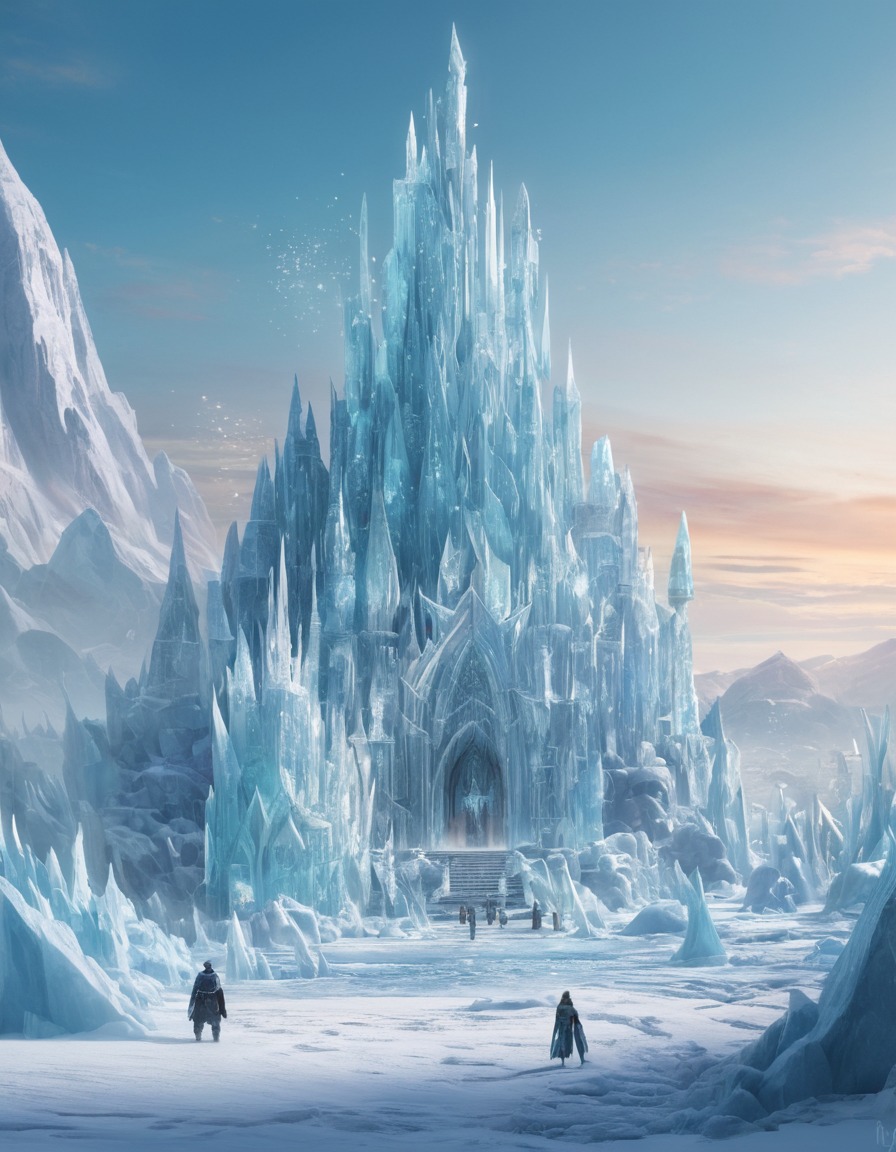 fantasy, ice giants, frost fairies, tundra, ice sculptures, fantastic