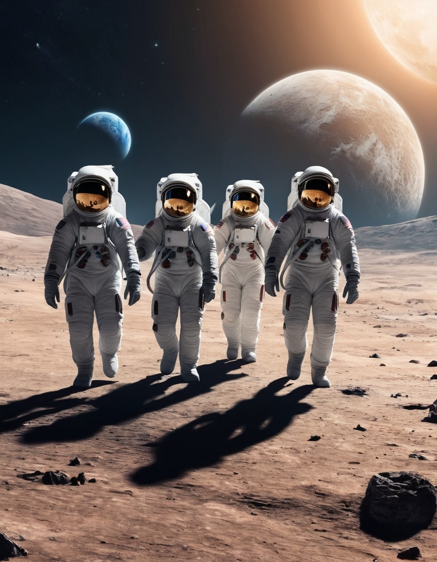 moon exploration, astronauts, space travel, desolate landscape, earth, outer space, exploration