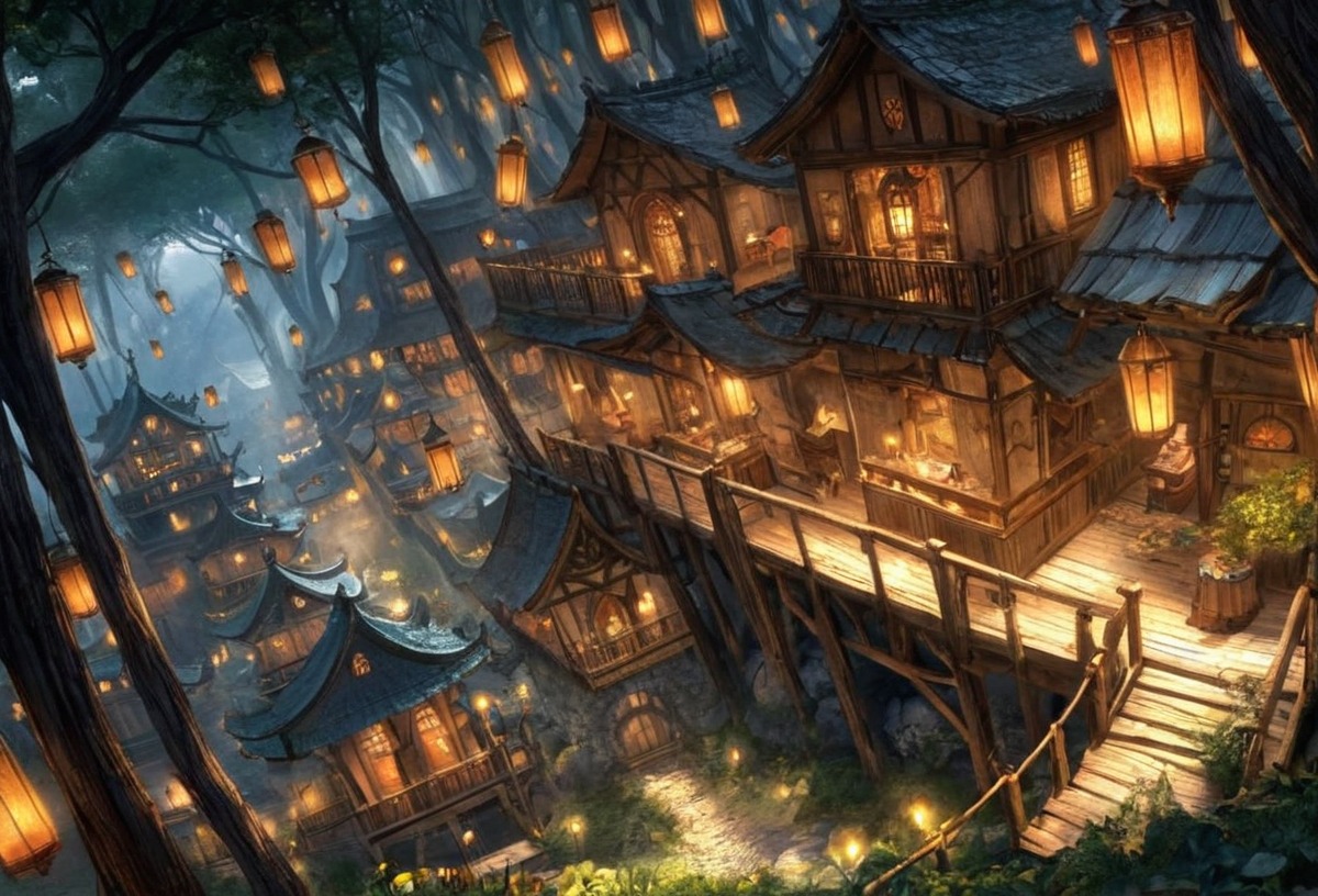 cozy, fantasy, lamps, lanterns, lights, lit, night, treehouse, treehouses, village, wood, wooden