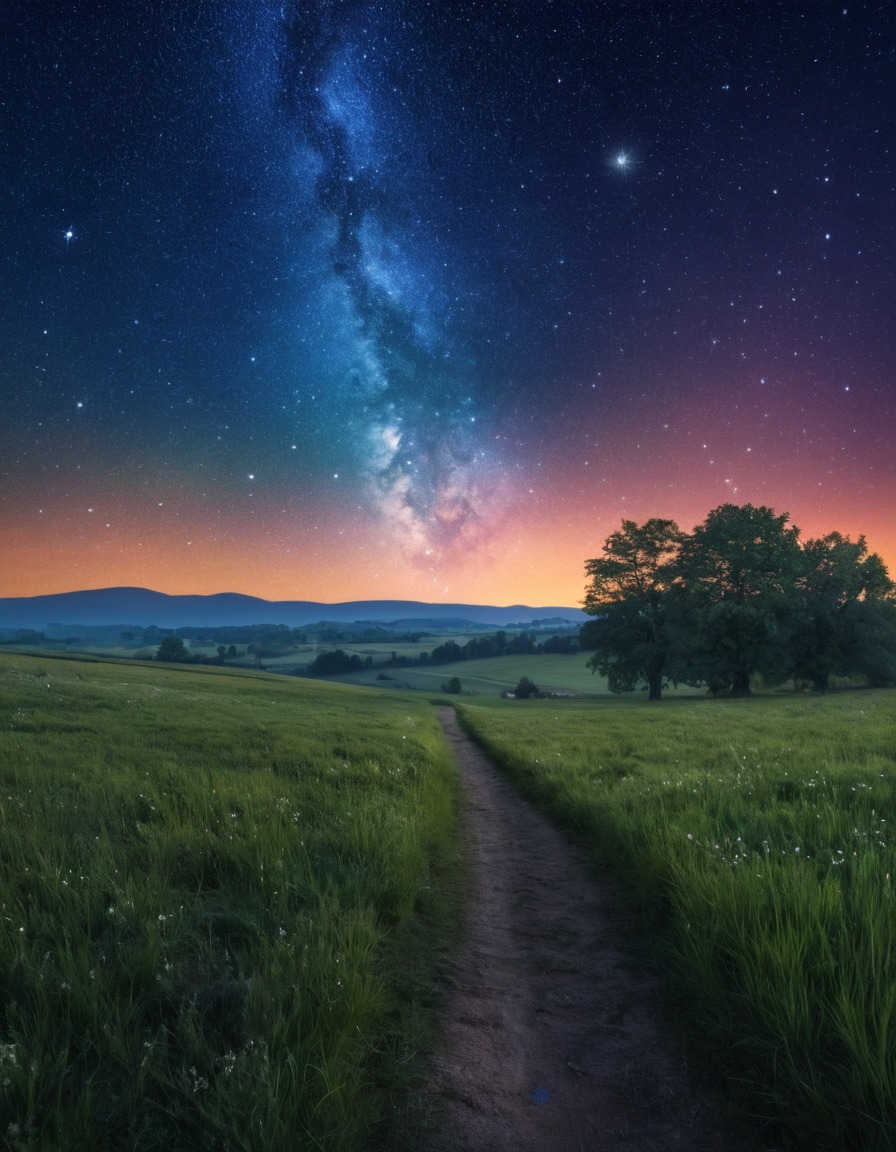 night sky, countryside, stars, peaceful landscape, nature