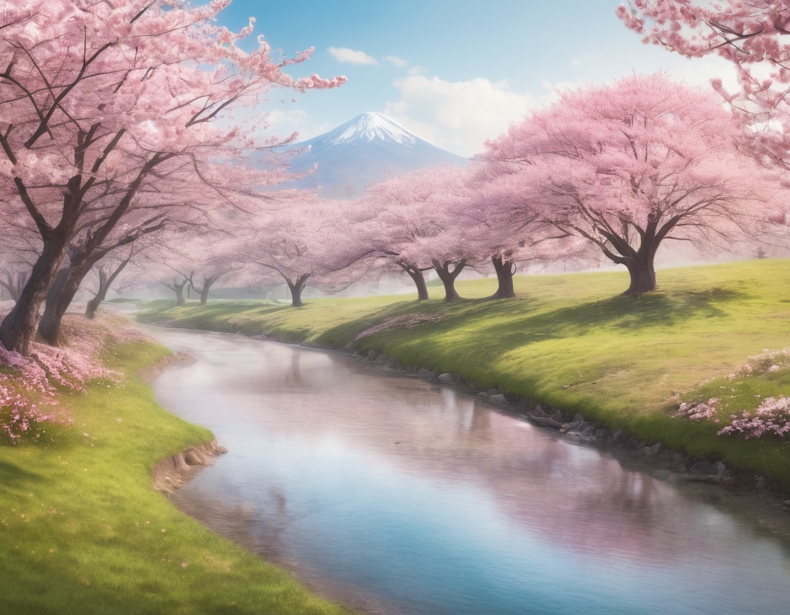 nature, cherry blossom trees, meadow, stream, tranquility