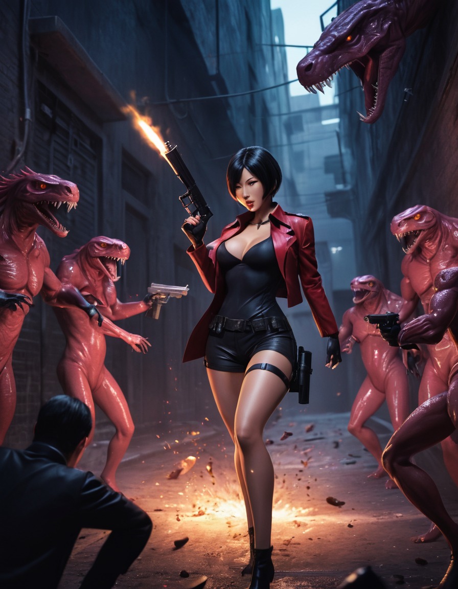 ada wong, gunfight, dark alleyway, mutated creatures, anime, games