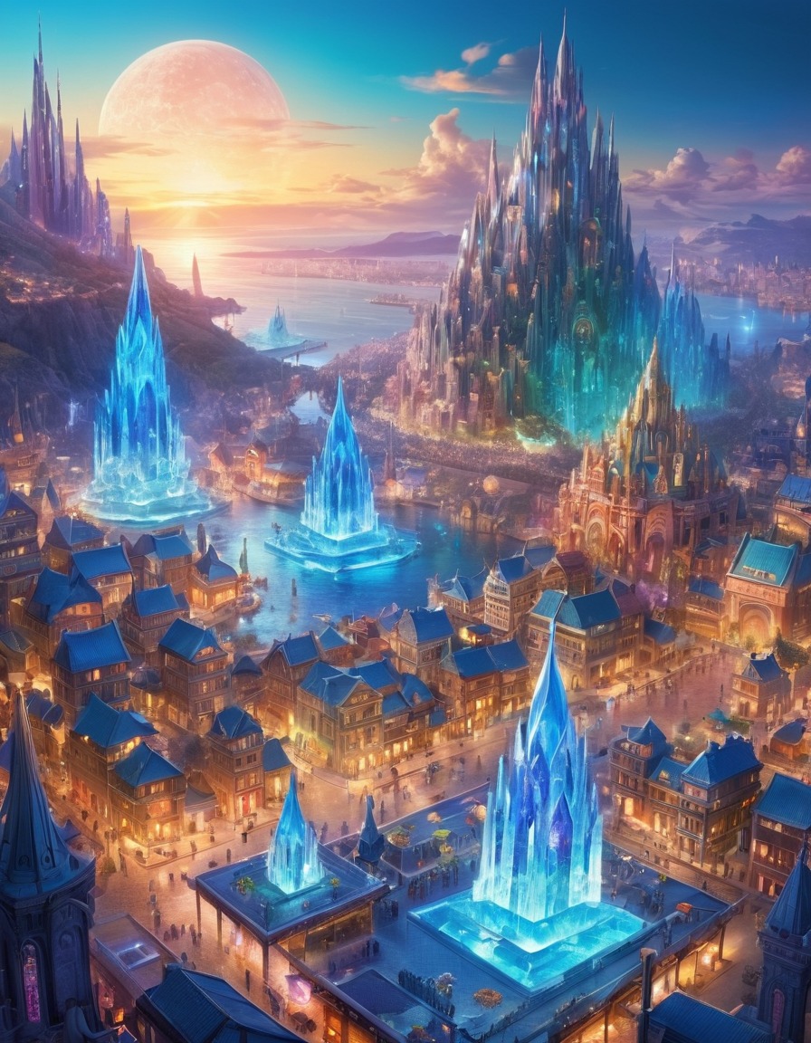 crystal city, fantasy, elemental beings, vibrant, imaginative, fantastic