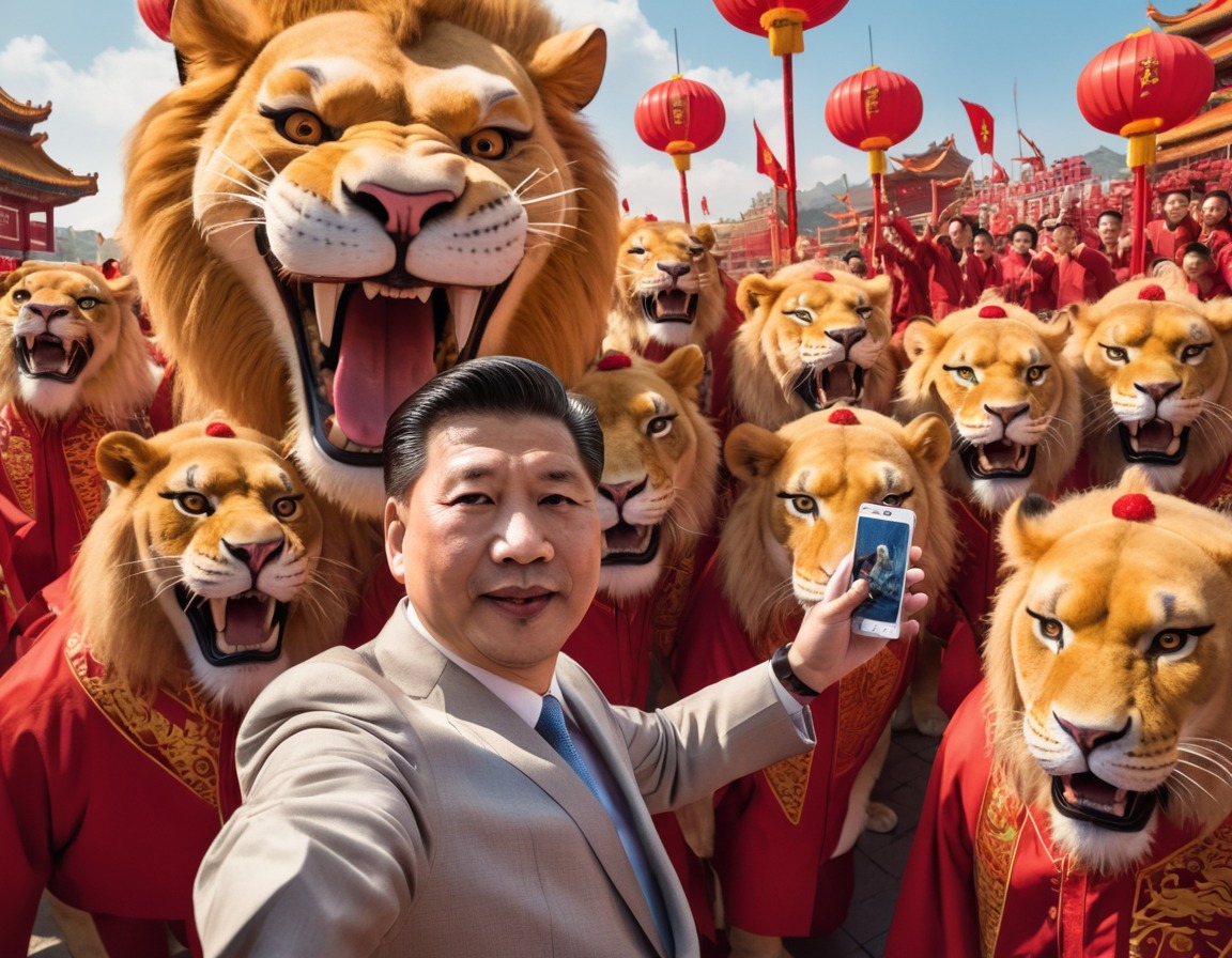 chinese culture, lion dance, festival, selfie, humorous, xi jinping, china