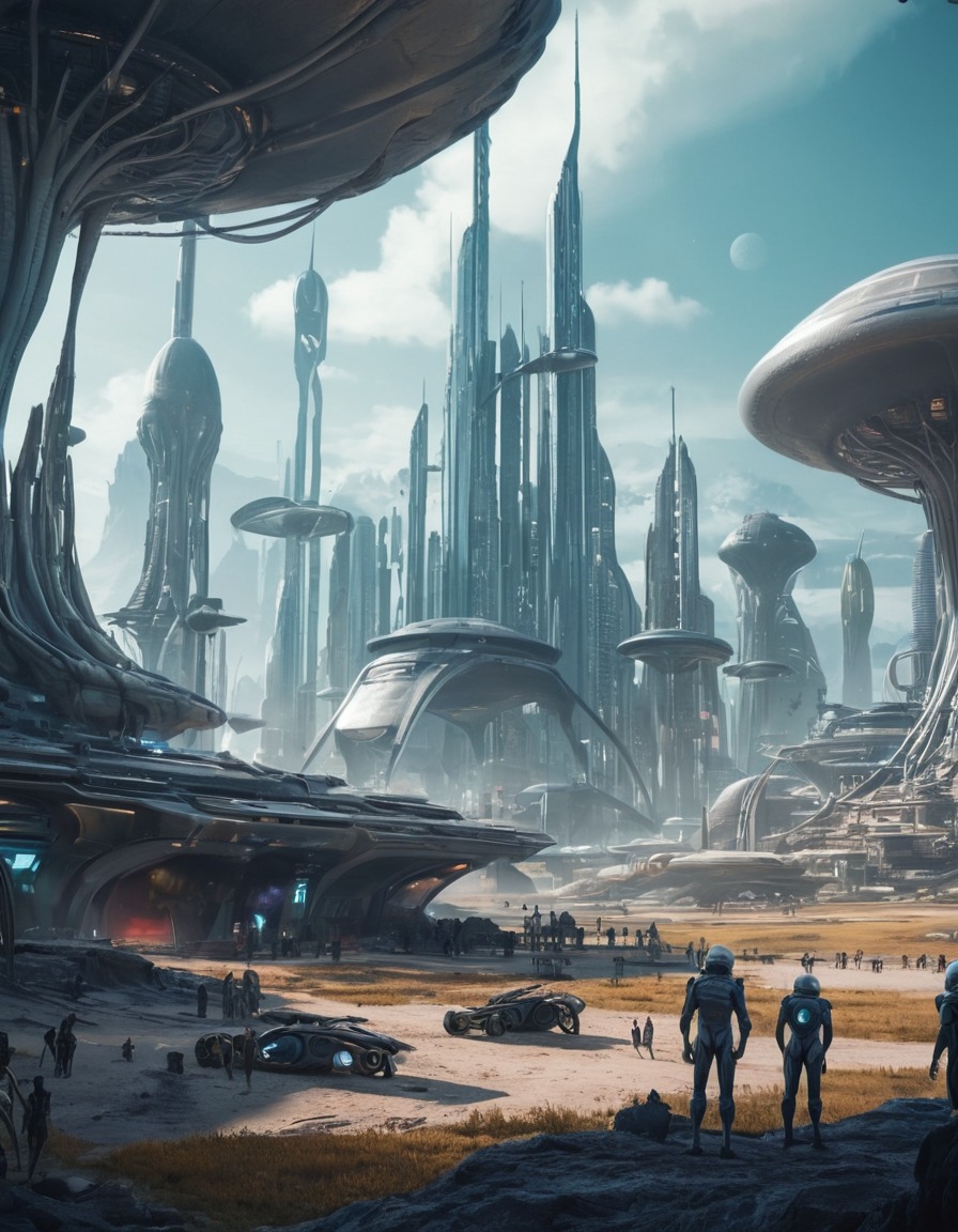 futuristic, alien, cityscape, alien planet, bustling, extraterrestrial, aliens