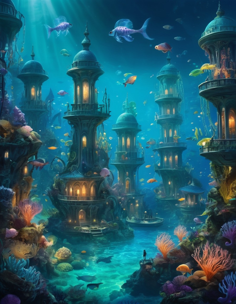 underwater city, merfolk, seahorses, bioluminescent jellyfish, fantasy, aquatic creatures