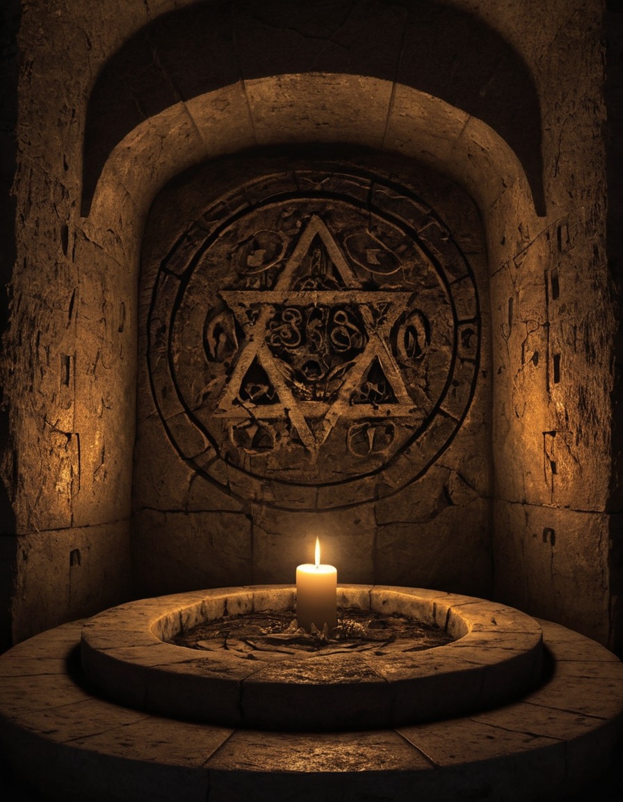 symbol, stone altar, candlelit, catacomb, gothic, underground, dark