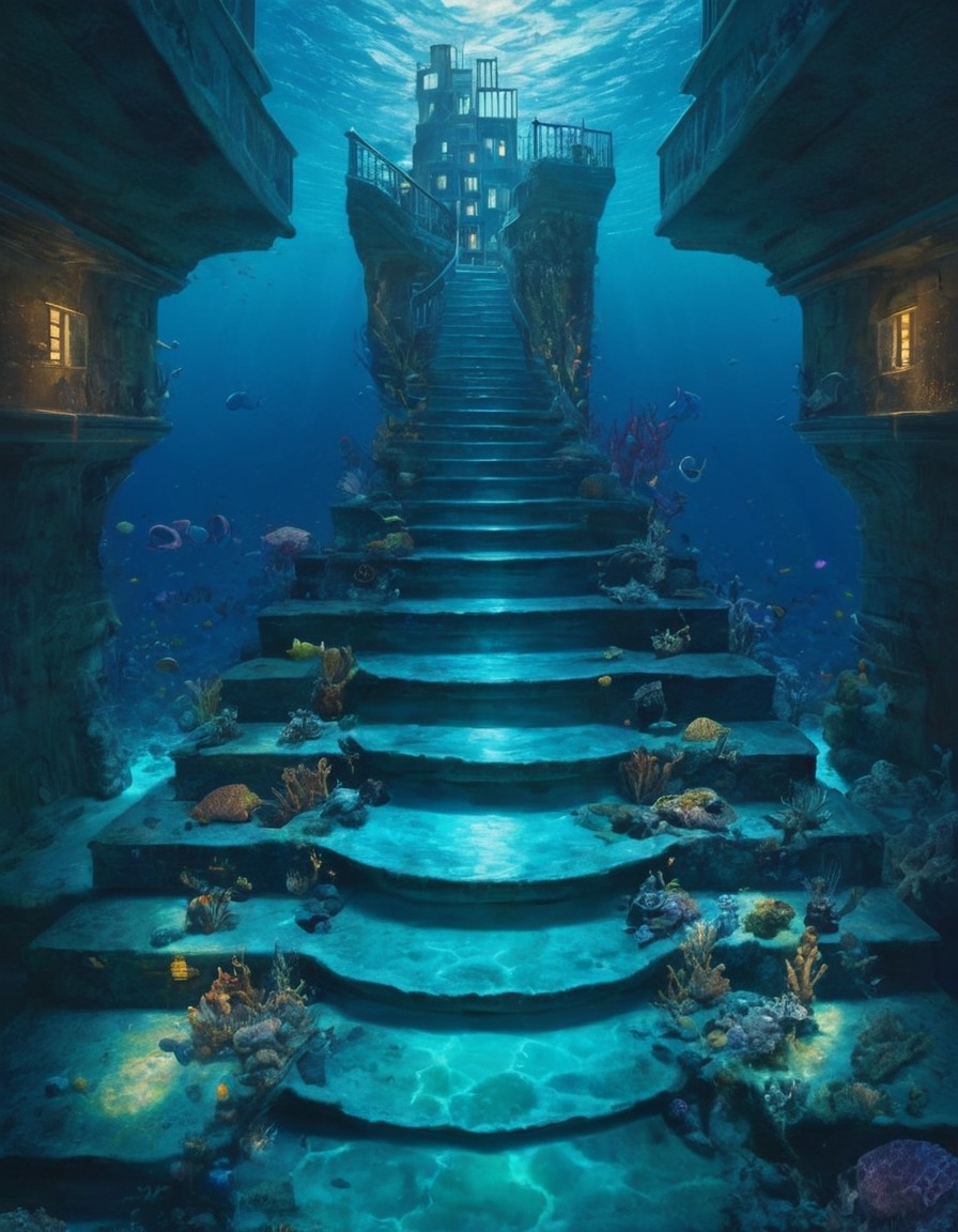 staircase, ocean, underwater city, fantasy, surrealism, surreal