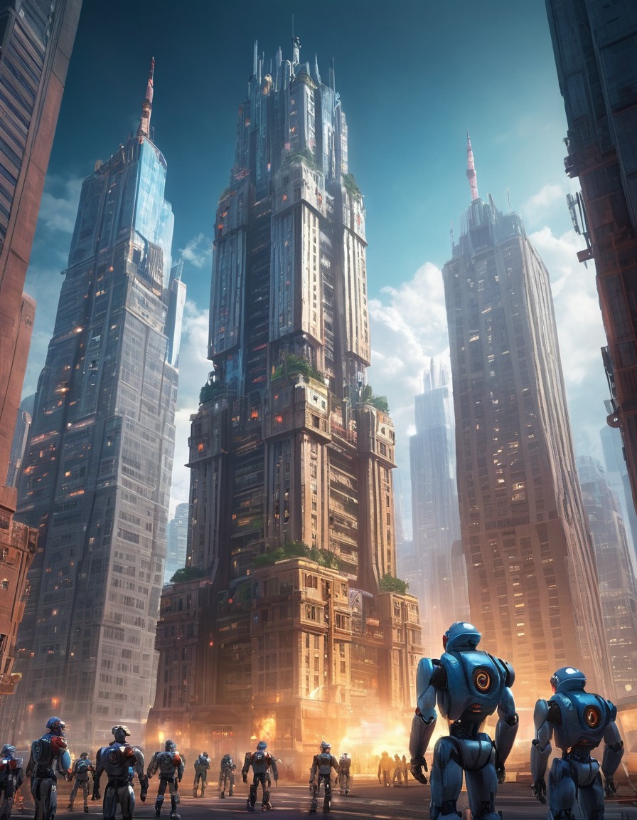 robots, skyscraper, cityscape, construction, futuristic, architecture