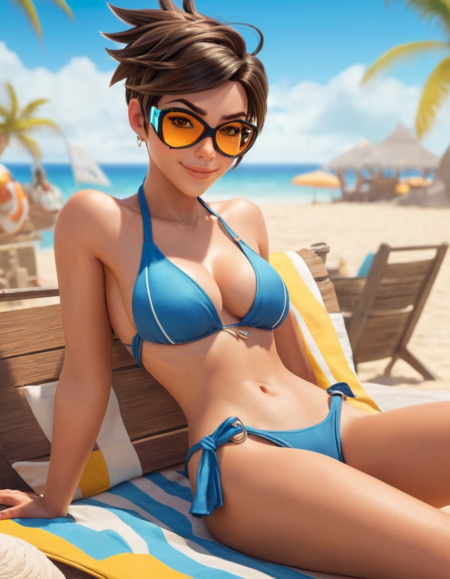 tracer, overwatch, beach, bikini, relaxing, games, girls from games