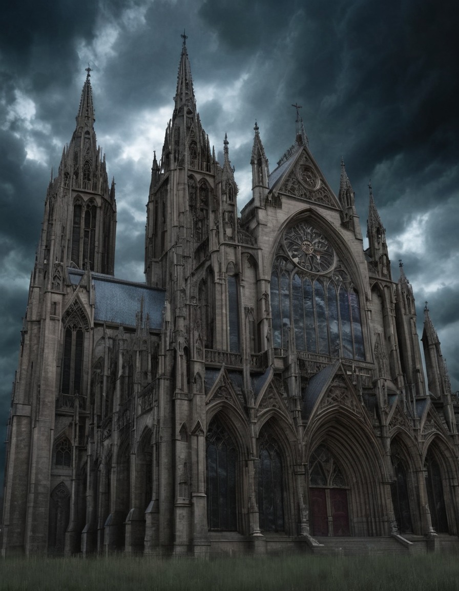 architecture, gothic, cathedral, stained glass windows, stormy sky, underground, dark