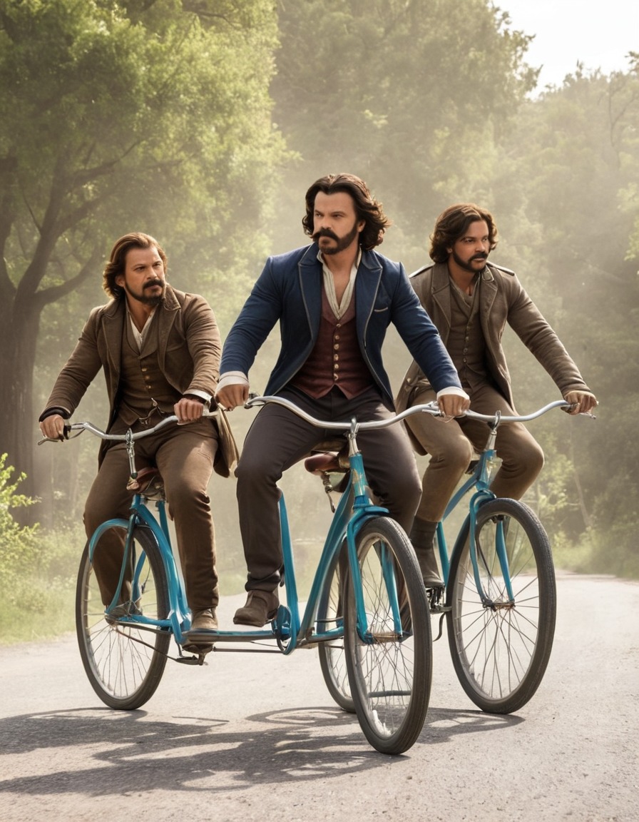 athos, porthos, aramis, tandem bicycle, three musketeers, teamwork, coordination, adventure, books