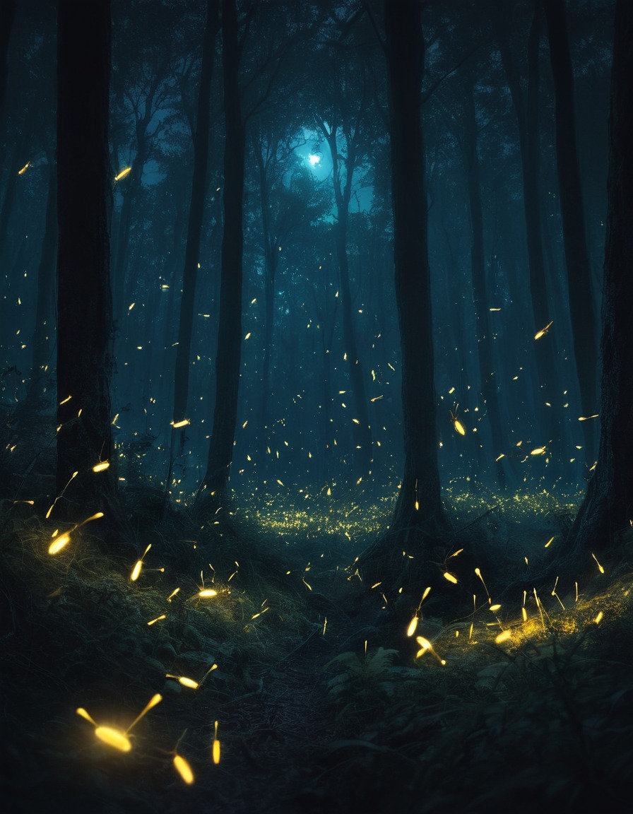 nature, nighttime, fireflies, forest, enchanting