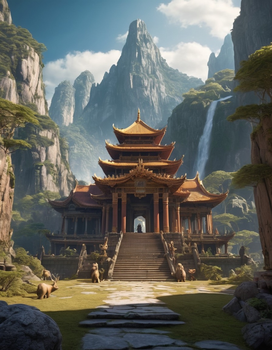 ancient temple, mystical, mountain range, mythical beasts, wise beings, immortal beings, fantastic