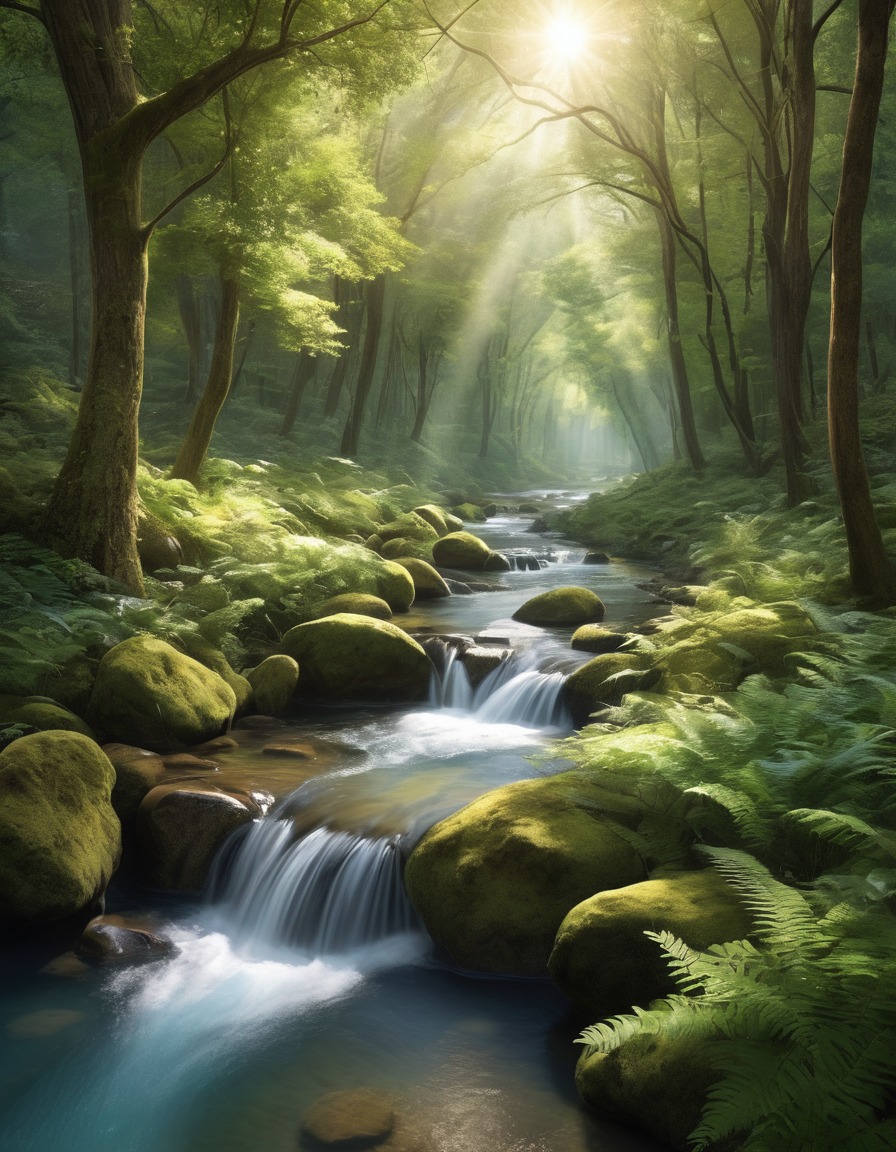 nature, stream, forest, tranquility, sunlight, landscape