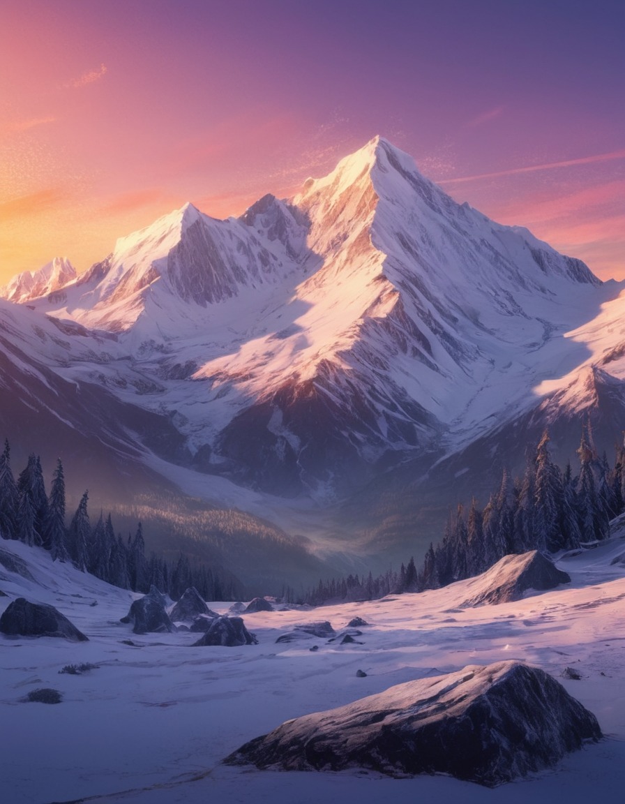 mountain, snow-capped, sunset, scenic, landscape, nature