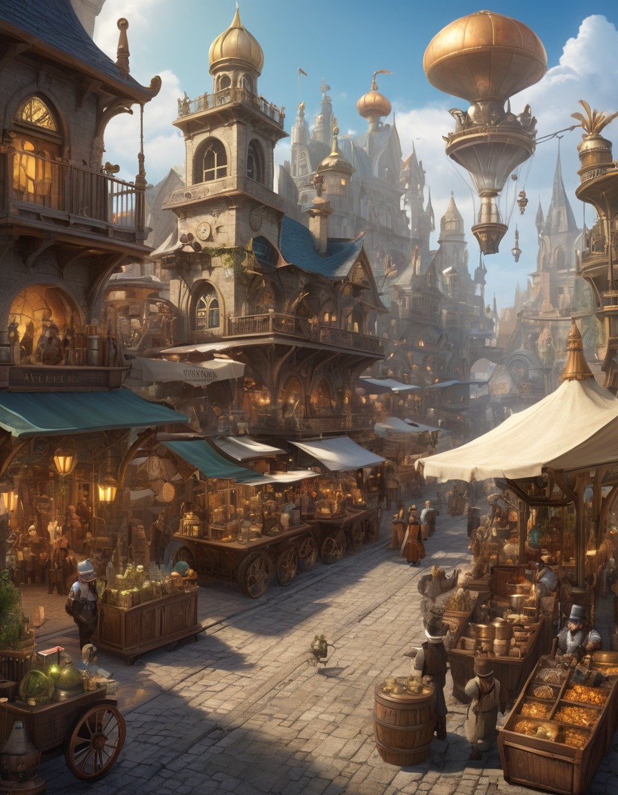 steampunk, marketplace, gnomes, clockwork creatures, rare artifacts, inventions, fantastic