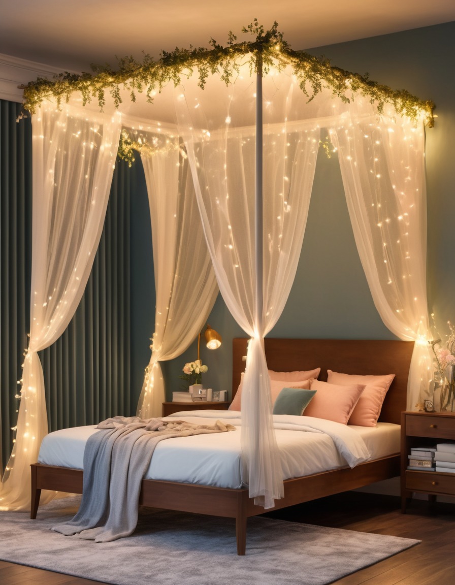 bedroom, canopy bed, fairy lights, home, interior