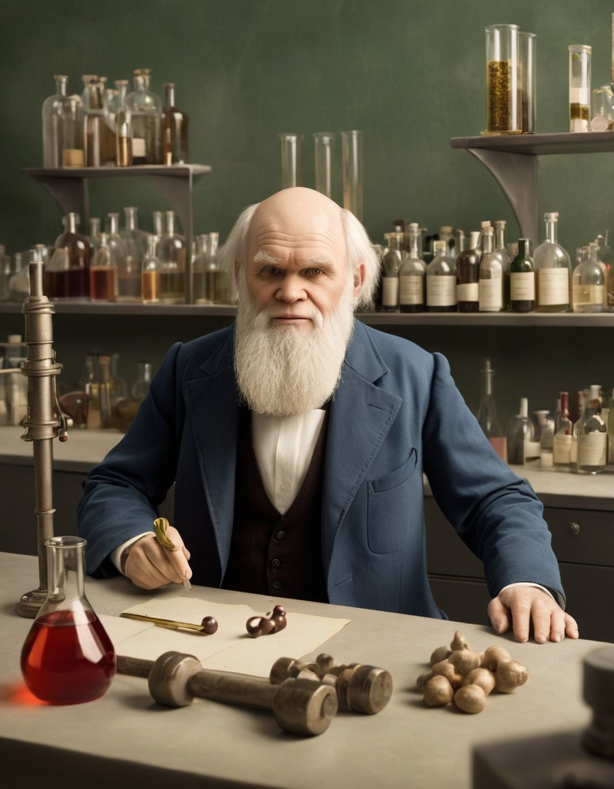 charles darwin, laboratory, caricature, biology, science, funny