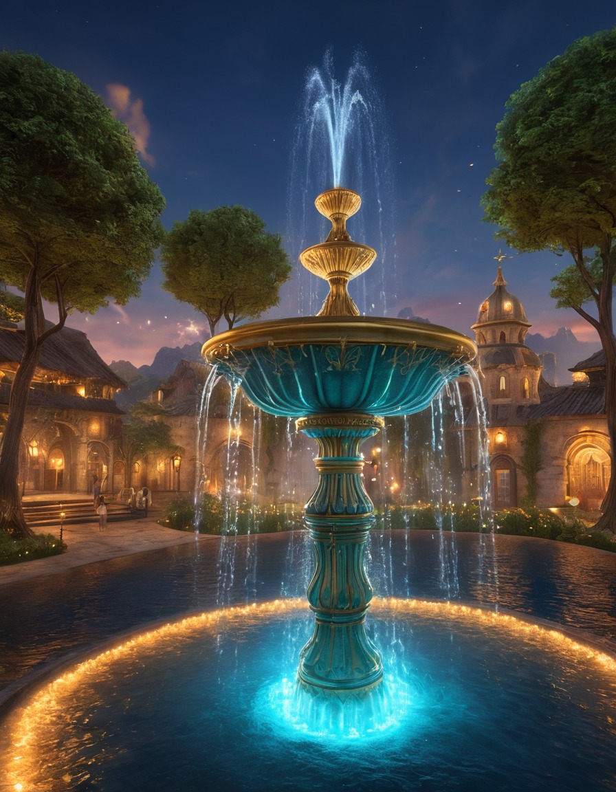 magical fountain, wishing well, granting wishes, fantasy scene, mythical creatures, magic, legendary artifact