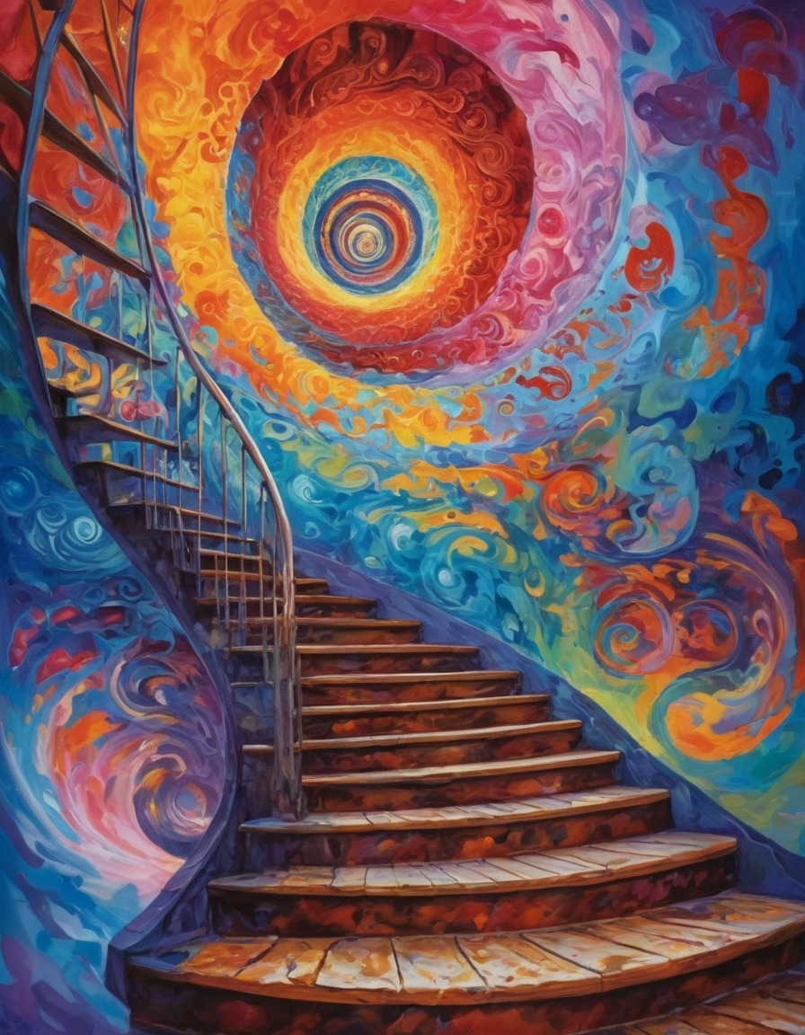 staircase, vortex, colors, abstract, surreal