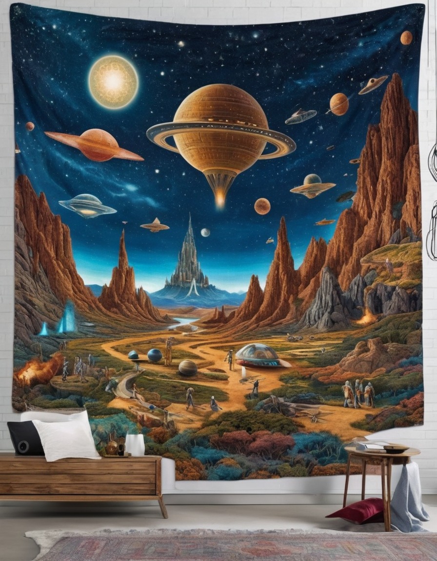 space travel, futuristic, tapestry, alien encounters, medieval inspired, medieval, art