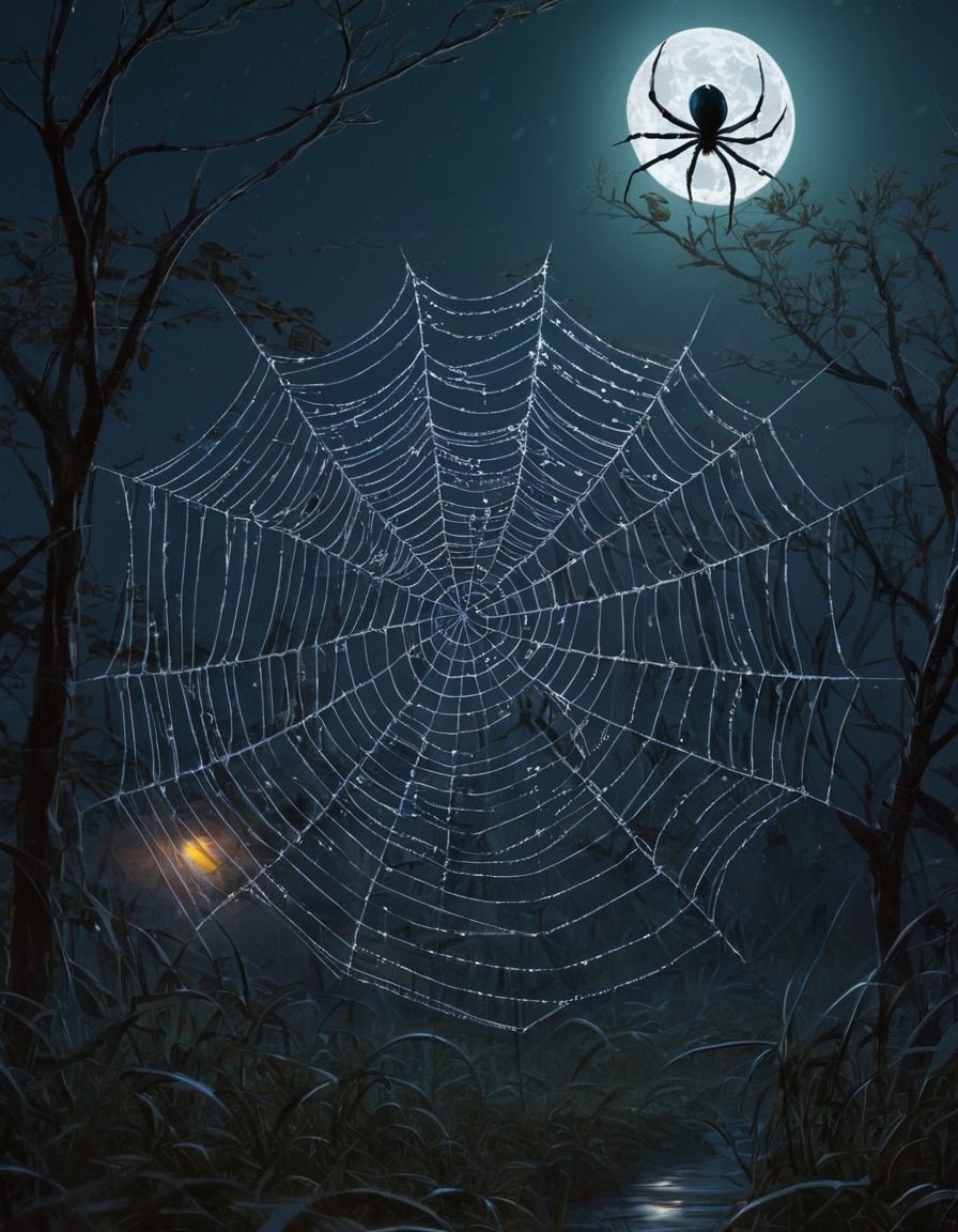 fantasy, moonlight, spider, web, dewdrops