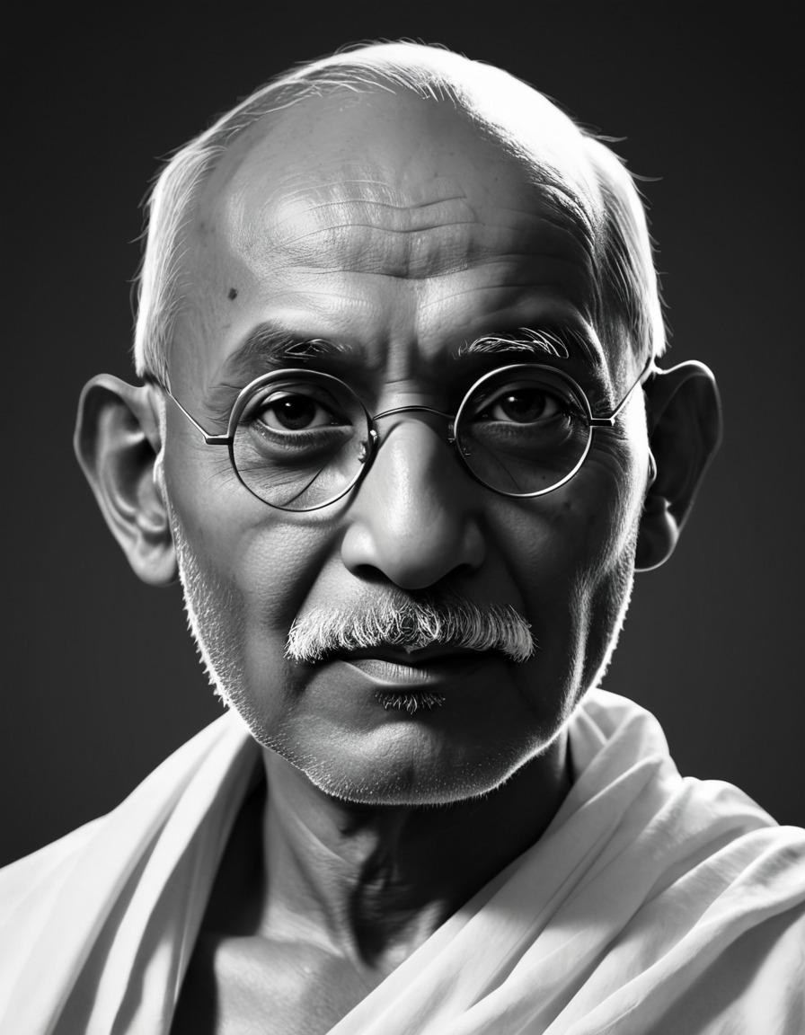 mahatma gandhi, portrait, minimalistic art, black and white, indian leader, anime