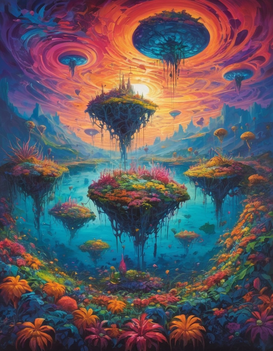 nature, fantasy, floating islands, vibrant colors, glowing plants, surreal