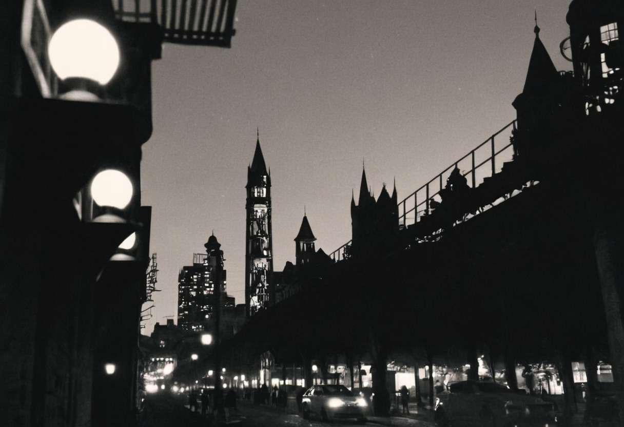 vintage new york, 1950s, elliott erwitt, nyc, nyc at night, glittering nyc, elevated tracks, city at night