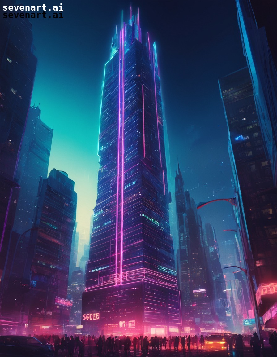 cityscape, modern architecture, neon lights, urban nightlife, skyscraper