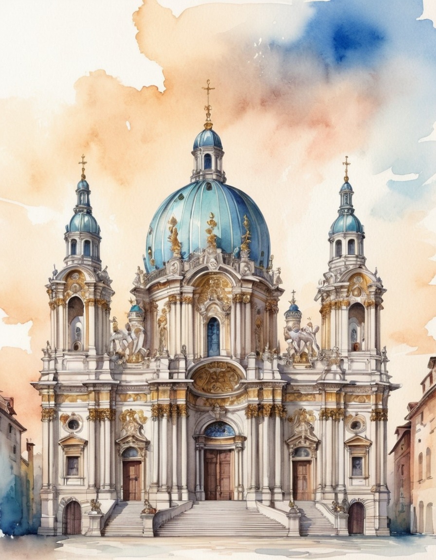 architecture, baroque, church, watercolor painting, façade, columns