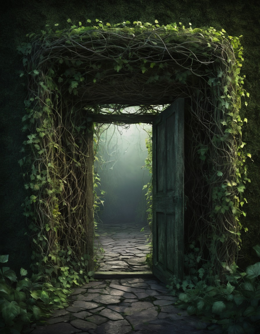 mystical, mystical garden, doorway, vines, nature, magic